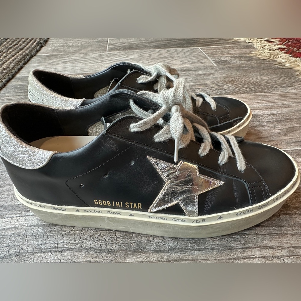 Golden Goose Black Leather Sneakers with Silver Star & gold laces - Picture 12 of 16